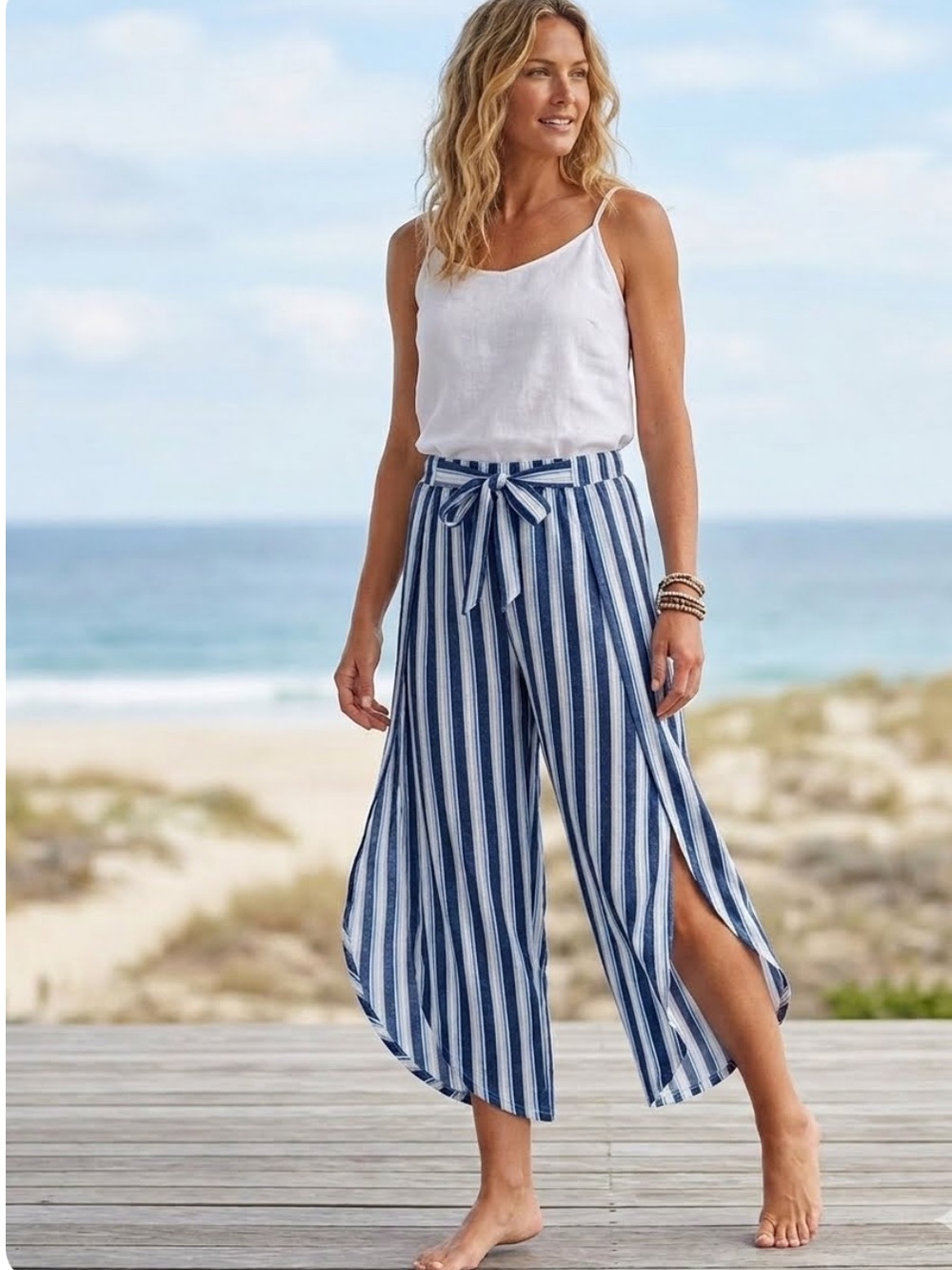 3/20 Laura Ashley beach vacation flowy striped wide leg pants ladies small - Picture 1 of 7